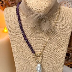 New 14K Gol Filled Paperclip Amethyst Gemstones & Baroque Pearl Shell Necklace